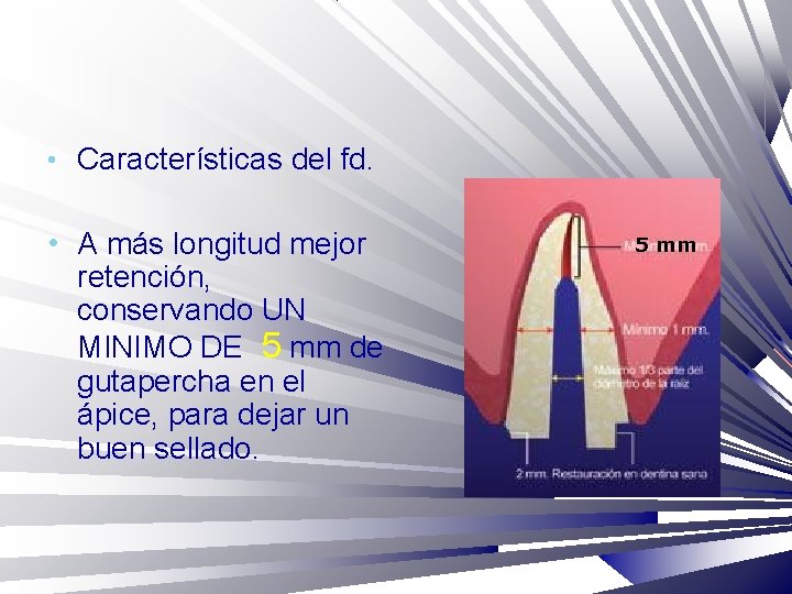  • Características del fd. • A más longitud mejor retención, conservando UN MINIMO