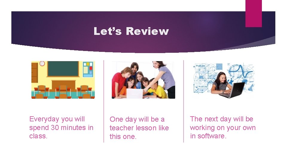 Let’s Review Everyday you will spend 30 minutes in class. One day will be