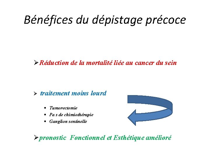 Bénéfices du dépistage précoce ØRéduction de la mortalité liée au cancer du sein Ø