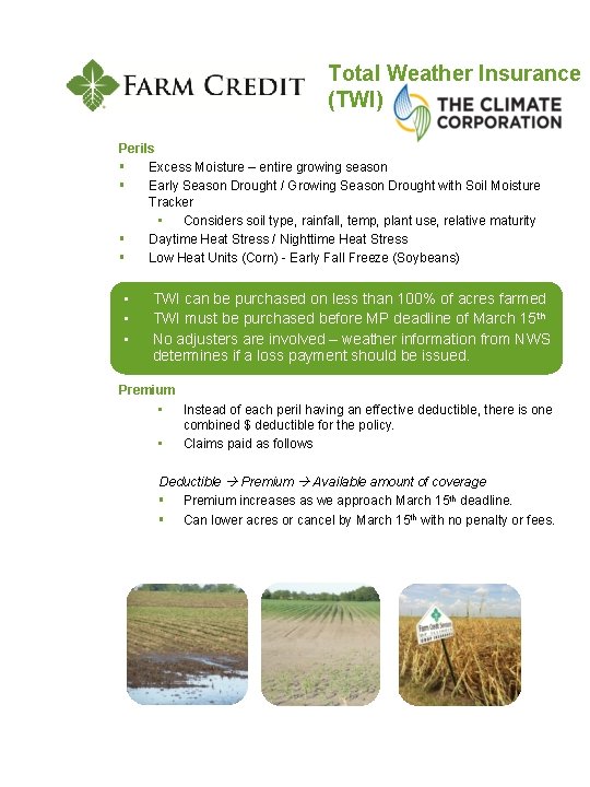 Total Weather Insurance (TWI) Perils § Excess Moisture – entire growing season § Early