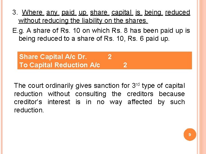 3. Where any paid up share capital is being reduced without reducing the liability