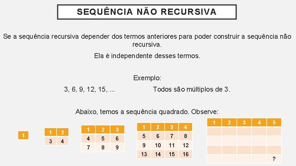 SEQUÊNCIA NÃO RECURSIVA Se a sequência recursiva depender dos termos anteriores para poder construir