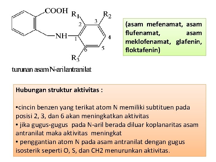 (asam mefenamat, asam flufenamat, asam meklofenamat, glafenin, floktafenin) Hubungan struktur aktivitas : • cincin