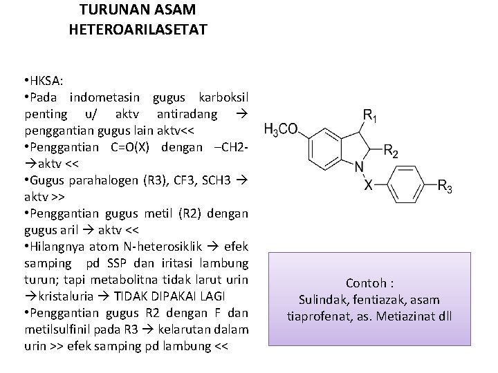 TURUNAN ASAM HETEROARILASETAT • HKSA: • Pada indometasin gugus karboksil penting u/ aktv antiradang