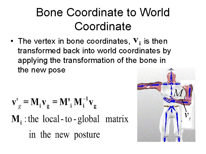 Bone Coordinate to World Coordinate • The vertex in bone coordinates, is then transformed