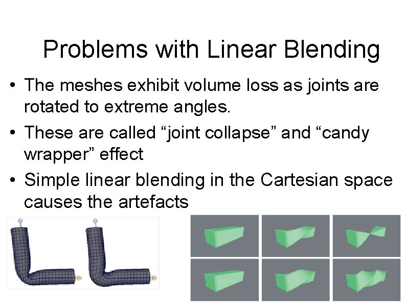 Problems with Linear Blending • The meshes exhibit volume loss as joints are rotated