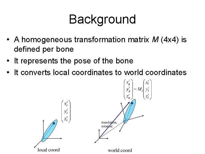 Background • A homogeneous transformation matrix M (4 x 4) is defined per bone