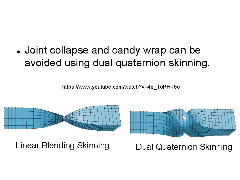  Joint collapse and candy wrap can be avoided using dual quaternion skinning. https: