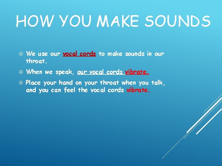 HOW YOU MAKE SOUNDS We use our vocal cords to make sounds in our