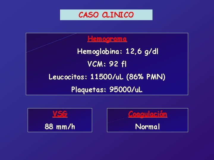 CASO CLINICO Hemograma Hemoglobina: 12, 6 g/dl VCM: 92 fl Leucocitos: 11500/u. L (86%
