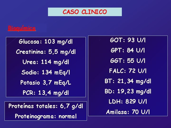 CASO CLINICO Bioquímica Glucosa: 103 mg/dl GOT: 93 U/l Creatinina: 5, 5 mg/dl GPT: