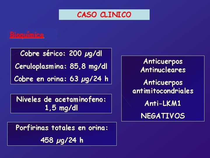 CASO CLINICO Bioquímica Cobre sérico: 200 µg/dl Ceruloplasmina: 85, 8 mg/dl Cobre en orina: