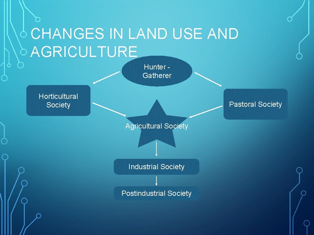 CHANGES IN LAND USE AND AGRICULTURE Hunter Gatherer Horticultural Society Pastoral Society Agricultural Society