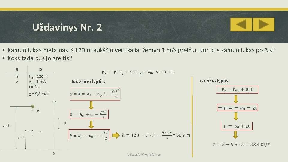 Uždavinys Nr. 2 § Kamuoliukas metamas iš 120 m aukščio vertikaliai žemyn 3 m/s