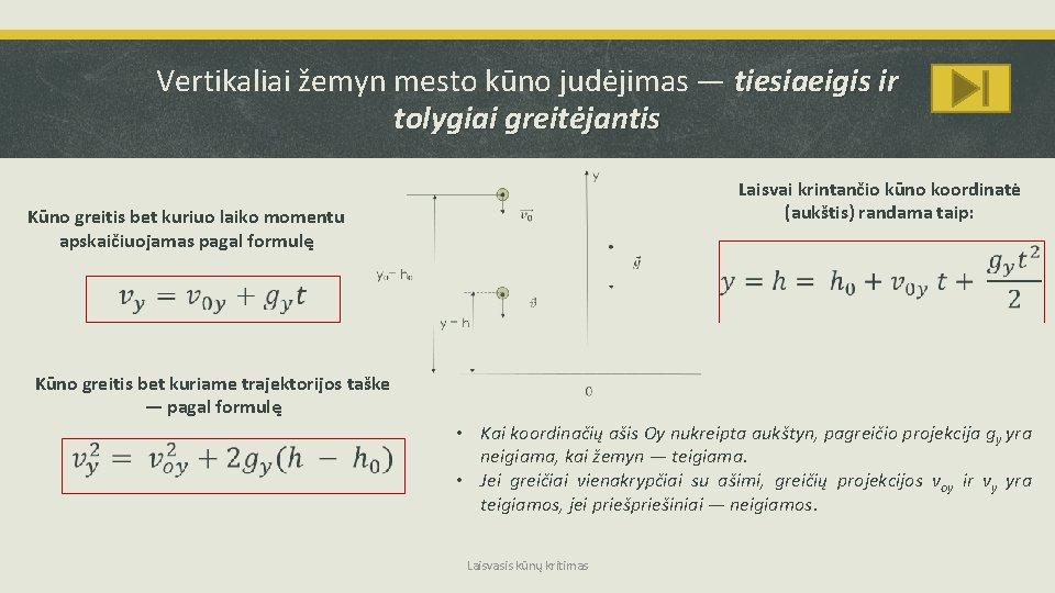 Vertikaliai žemyn mesto kūno judėjimas — tiesiaeigis ir tolygiai greitėjantis Laisvai krintančio kūno koordinatė