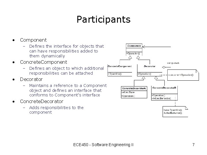 Participants • Component – Defines the interface for objects that can have responsibilities added