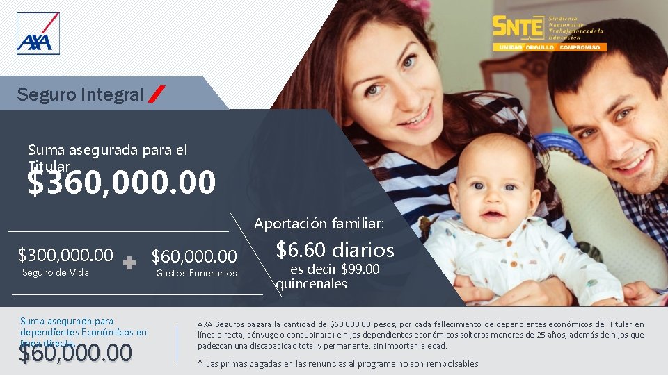 Seguro Integral Suma asegurada para el Titular $360, 000. 00 Aportación familiar: $300, 000.