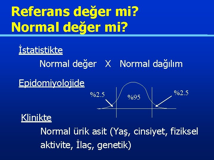 Referans değer mi? Normal değer mi? İstatistikte Normal değer X Normal dağılım Epidomiyolojide %2.