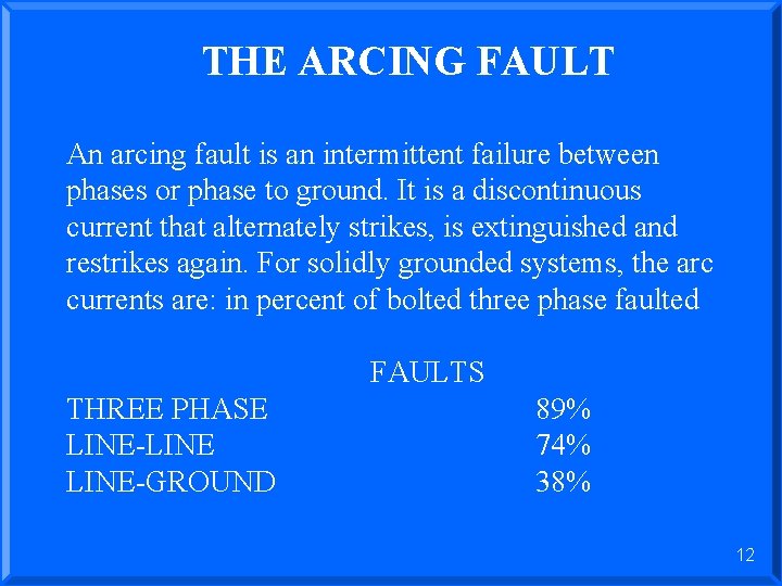 THE ARCING FAULT An arcing fault is an intermittent failure between phases or phase