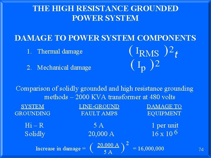 THE HIGH RESISTANCE GROUNDED POWER SYSTEM DAMAGE TO POWER SYSTEM COMPONENTS ( I RMS