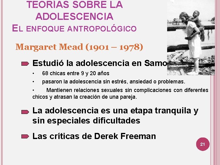 TEORÍAS SOBRE LA ADOLESCENCIA EL ENFOQUE ANTROPOLÓGICO Margaret Mead (1901 – 1978) Estudió la