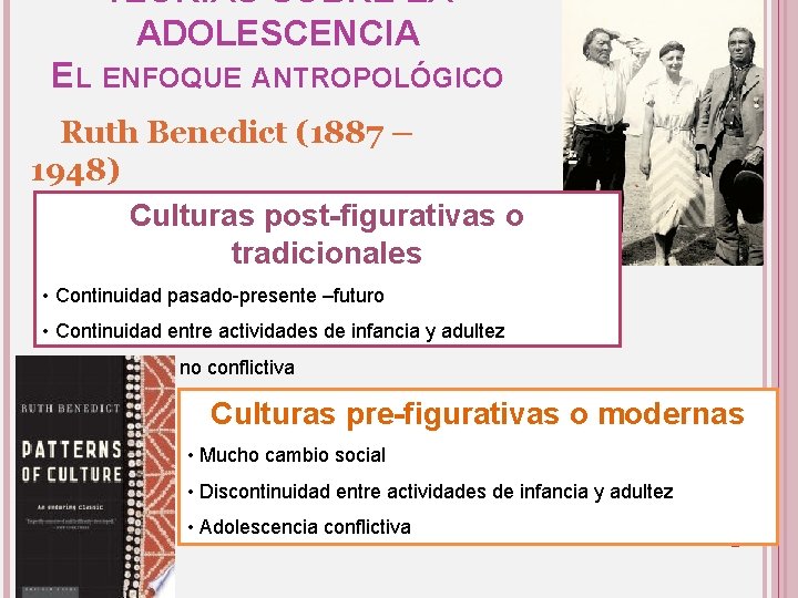 TEORÍAS SOBRE LA ADOLESCENCIA EL ENFOQUE ANTROPOLÓGICO Ruth Benedict (1887 – 1948) Culturas post-figurativas