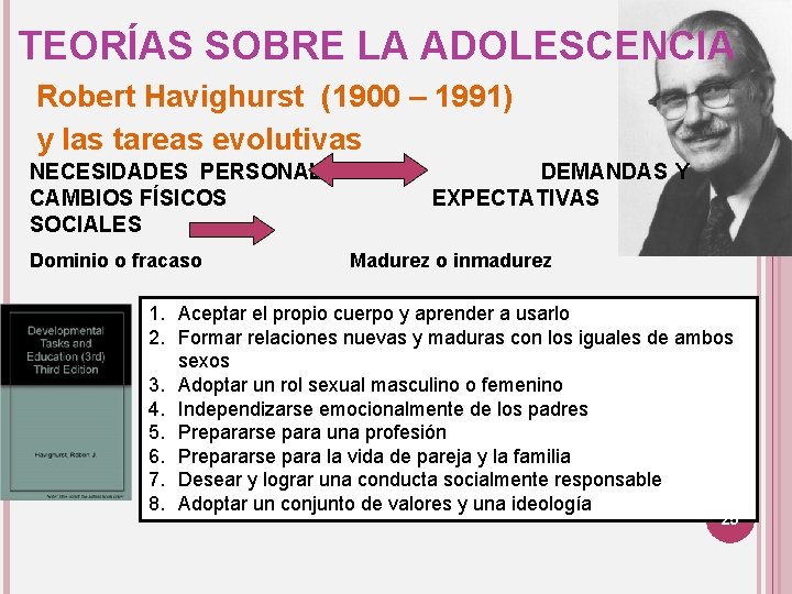 TEORÍAS SOBRE LA ADOLESCENCIA Robert Havighurst (1900 – 1991) y las tareas evolutivas NECESIDADES