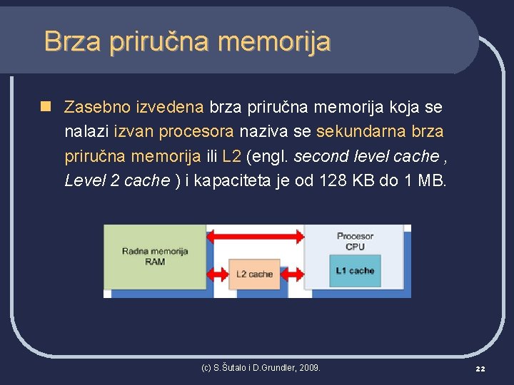 Brza priručna memorija n Zasebno izvedena brza priručna memorija koja se nalazi izvan procesora