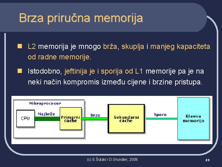 Brza priručna memorija n L 2 memorija je mnogo brža, skuplja i manjeg kapaciteta