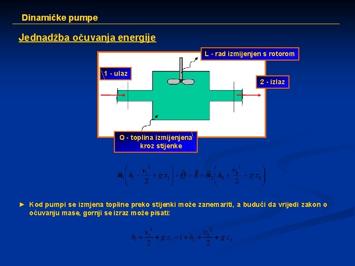 Dinamičke pumpe Jednadžba očuvanja energije L - rad izmijenjen s rotorom 1 - ulaz