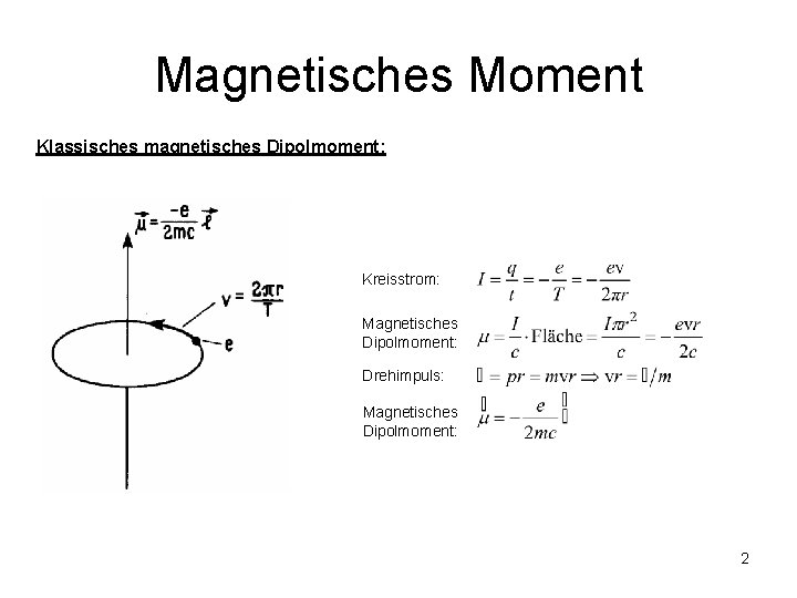 Magnetisches Moment Klassisches magnetisches Dipolmoment: Kreisstrom: Magnetisches Dipolmoment: Drehimpuls: Magnetisches Dipolmoment: 2 