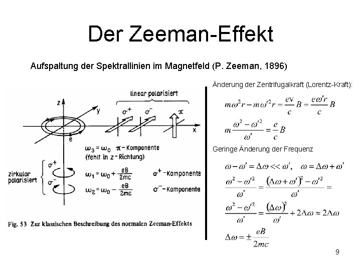 Der Zeeman-Effekt Aufspaltung der Spektrallinien im Magnetfeld (P. Zeeman, 1896) Änderung der Zentrifugalkraft (Lorentz-Kraft):