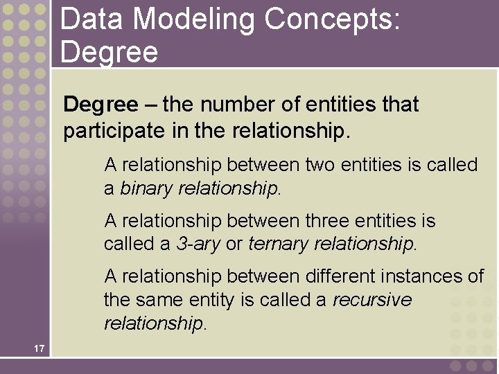 Data Modeling Concepts: Degree – the number of entities that participate in the relationship.