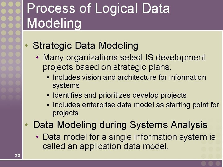 Process of Logical Data Modeling • Strategic Data Modeling • Many organizations select IS