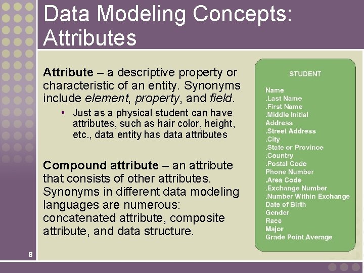 Data Modeling Concepts: Attributes Attribute – a descriptive property or characteristic of an entity.