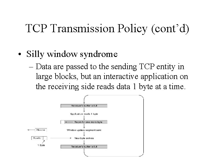 TCP Transmission Policy (cont’d) • Silly window syndrome – Data are passed to the