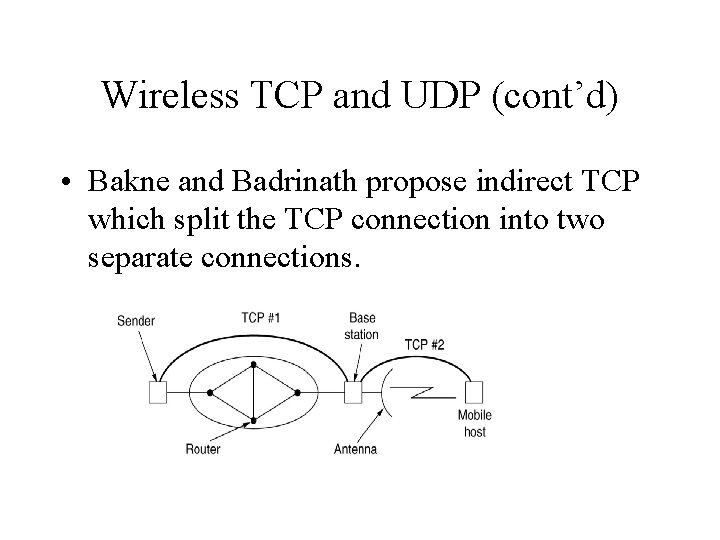 Wireless TCP and UDP (cont’d) • Bakne and Badrinath propose indirect TCP which split