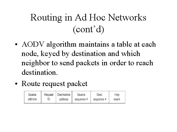 Routing in Ad Hoc Networks (cont’d) • AODV algorithm maintains a table at each