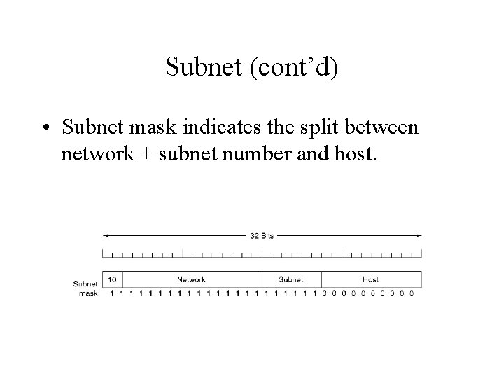 Subnet (cont’d) • Subnet mask indicates the split between network + subnet number and