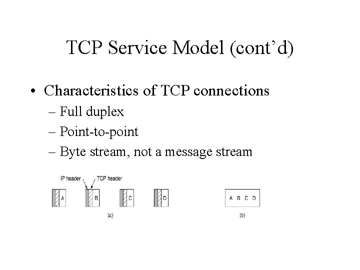 TCP Service Model (cont’d) • Characteristics of TCP connections – Full duplex – Point-to-point