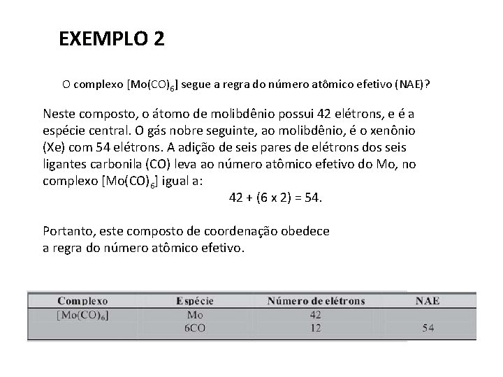 EXEMPLO 2 O complexo [Mo(CO)6] segue a regra do número atômico efetivo (NAE)? Neste