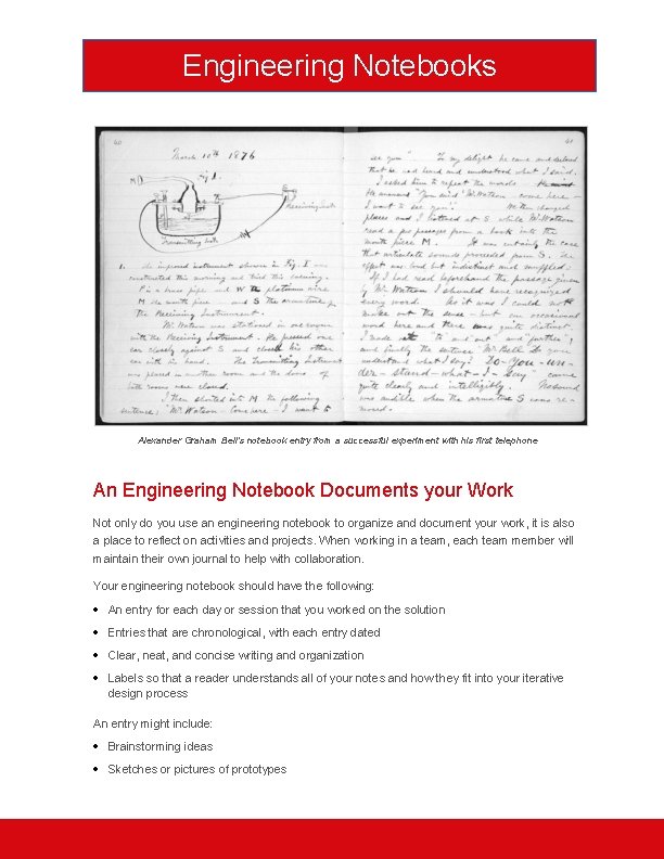 Engineering Notebooks Alexander Graham Bell's notebook entry from a successful experiment with his first