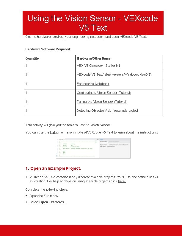 Using the Vision Sensor - VEXcode V 5 Text Get the hardware required, your