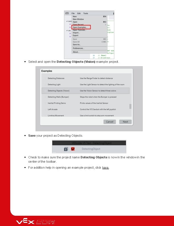  Select and open the Detecting Objects (Vision) example project. Save your project as