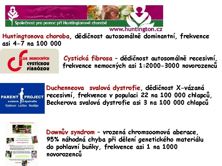 Huntingtonova choroba, dědičnost autosomálně dominantní, frekvence asi 4 -7 na 100 000 Cystická fibrosa