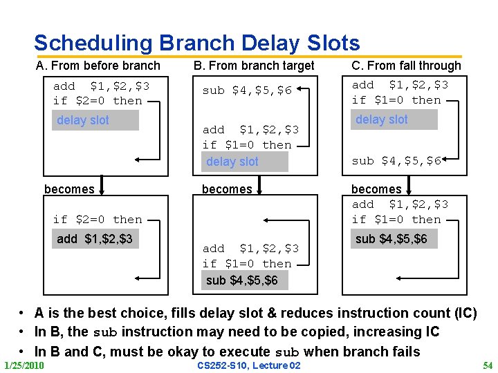 Scheduling Branch Delay Slots A. From before branch add $1, $2, $3 if $2=0
