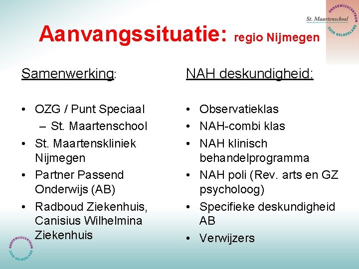 Aanvangssituatie: regio Nijmegen Samenwerking: NAH deskundigheid: • OZG / Punt Speciaal – St. Maartenschool