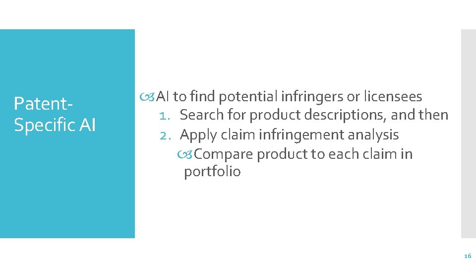 Patent. Specific AI to find potential infringers or licensees 1. Search for product descriptions,