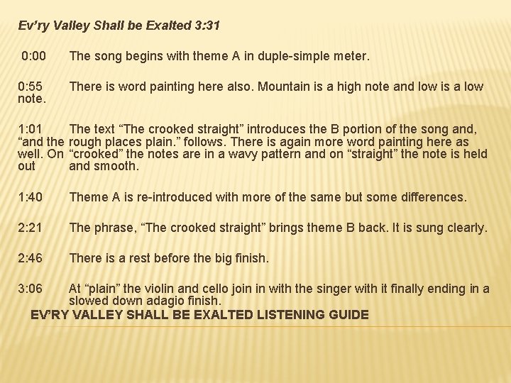 Ev’ry Valley Shall be Exalted 3: 31 0: 00 The song begins with theme