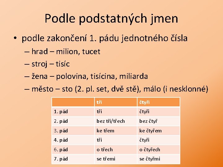 Podle podstatných jmen • podle zakončení 1. pádu jednotného čísla – hrad – milion,